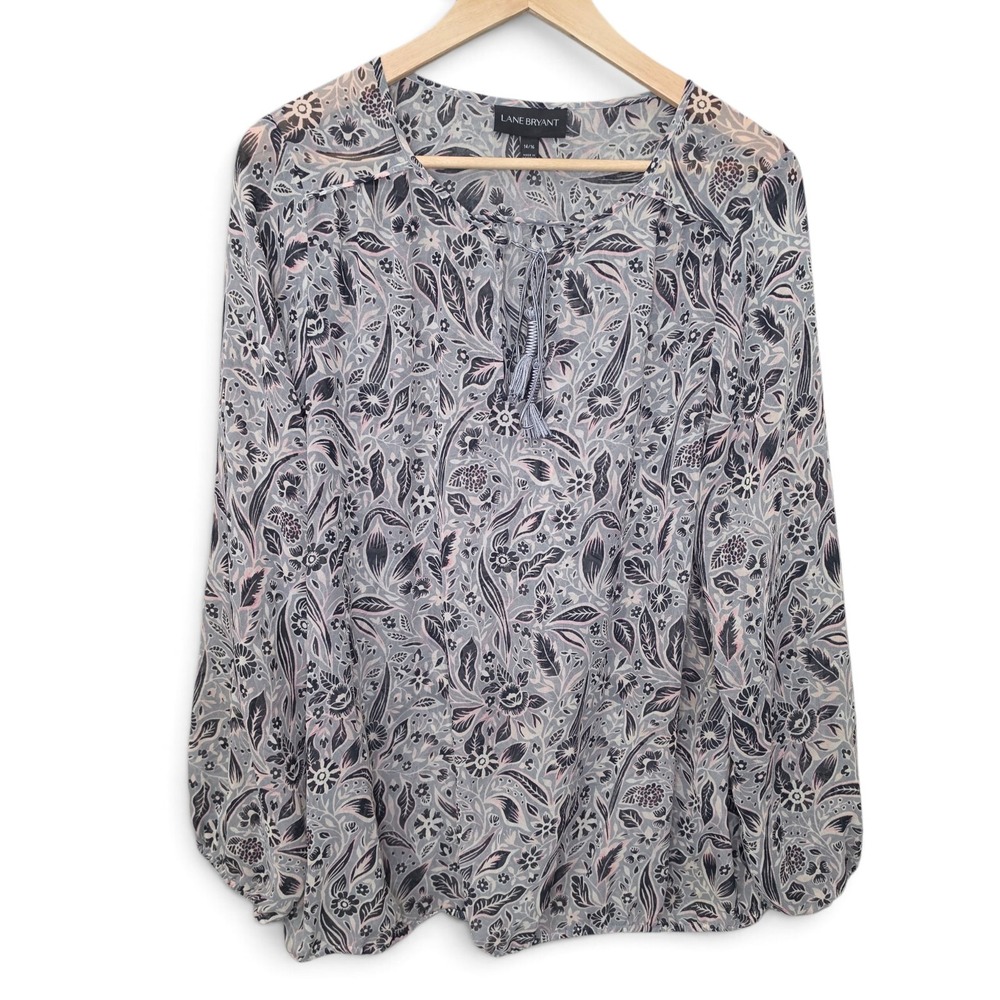 Lane Bryant Top Womens Plus 14/16 Gray Floral Print Sheer Blouse Tasseled